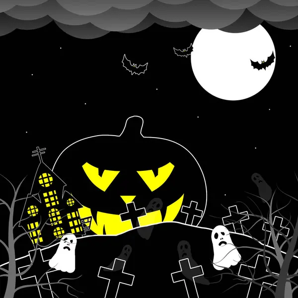 Halloween Event Background Pumpkins Haunted House Full Moon Cemetery Black — Stock Vector