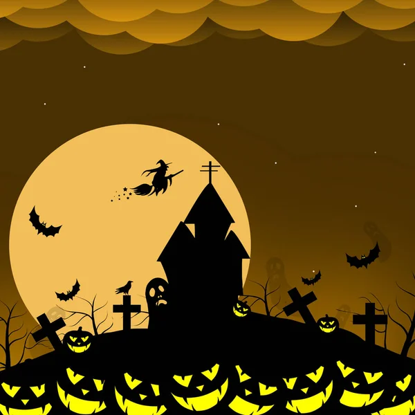 万圣节的背景是女巫 大满月和深色橙色背景的墓地 庆祝10月31日万圣节快乐 — 图库矢量图片