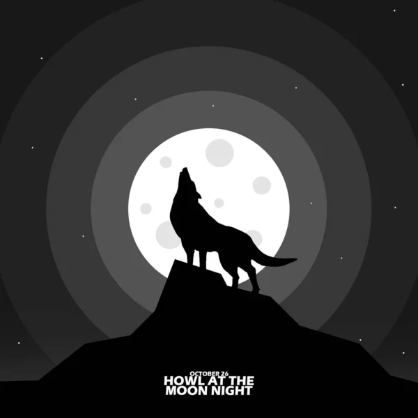 Loup Hurle Sur Une Colline Tandis Que Pleine Lune Brille — Image vectorielle