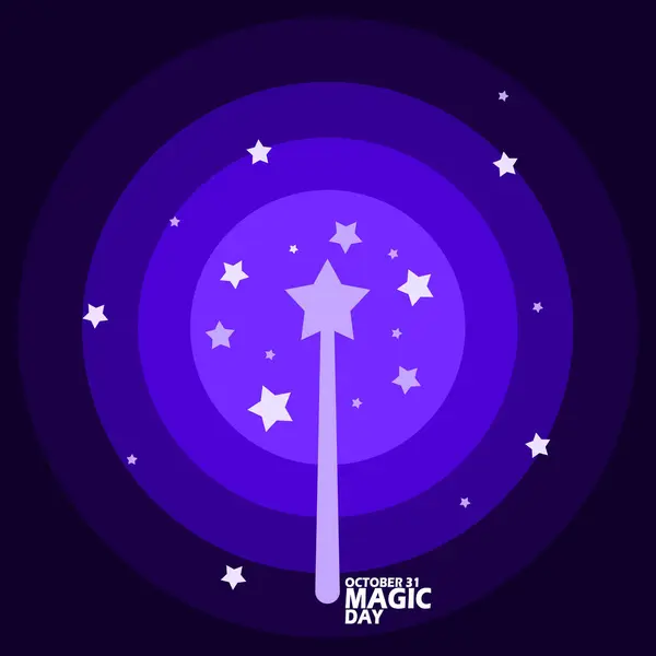 为庆祝10月31日的魔法日 用星星的魔杖和深色紫色背景的粗体灯火通明地庆祝魔法日 — 图库矢量图片