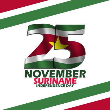 Surinam bayrağı ile süslenmiş numara 25 Kasım 'da Surinam Bağımsızlık Günü anısına beyaz zemin üzerinde kalın metin ve kurdele ile