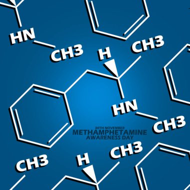 30 Kasım 'daki Ulusal Metamfetamin Farkındalık Günü anısına koyu turkuaz arkaplan üzerine kalın metin içeren formül kodları