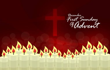 Advent 'in ilk pazar günü yanan mumlarla bayrak, koyu kırmızı arkaplan üzerine haç ve kaligrafik metin ile Advent' in ilk pazar gününü kutlamak için Aralık 'ta.