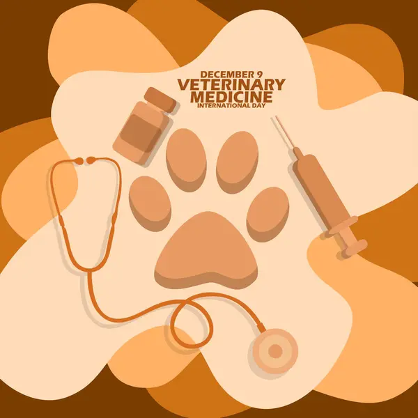 stock vector Icons of paw, syringe, medicine bottle and stethoscope with bold text on brown abstract background to commemorate International Day of Veterinary Medicine on December 9