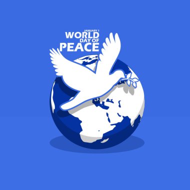 Dünya Barış Günü bayrağı. Yaprak dalını taşıyan beyaz bir kuş, dünya ile barışın sembolü ve 1 Ocak 'ta anmak üzere mavi zemin üzerine yazılmış cesur bir metin.