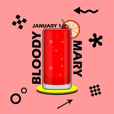 Ulusal Kanlı Mary Günü afişi. Bir bardak limon dilimleri ve kirazlı Bloody Mary, 1 Ocak 'ta kutlamak için pembe arka planda kalın metin ve elementlerle birlikte.