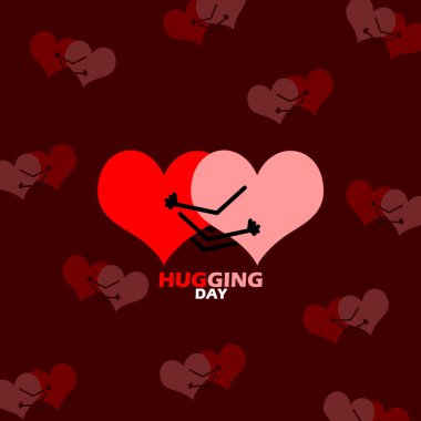 Ulusal Sarılma Günü afişi. 21 Ocak 'ta kutlamak için koyu kırmızı arka planda birbirine cesur mesajlarla sarılan iki kalp.