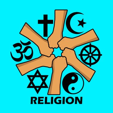 Dünya Din Günü etkinlik afişi. Ocak 'ta anmak için birkaç el dini semboller ve açık mavi arkaplan üzerine kalın metinlerle birleştirildi