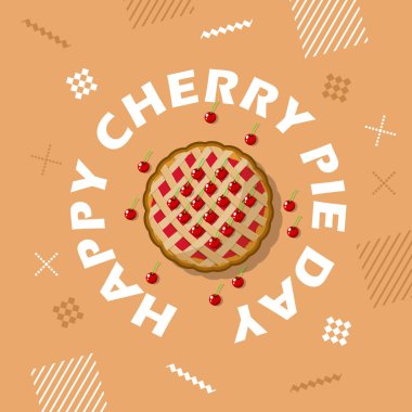 Ulusal Kirazlı Turta Günü afişi. 20 Şubat 'ta kutlamak için açık kahverengi arkaplanlı koyu renkli kiraz meyveli lezzetli turta.