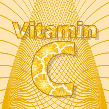 C vitamini etkinlik afişi. 4 Nisan 'da kutlamak için sarı arka planda turuncu dilimlerle süslenmiş kalın metin