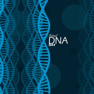 Ulusal DNA Günü afişi. 25 Nisan 'da anmak için koyu turkuaz arkaplan üzerindeki DNA hücreleri