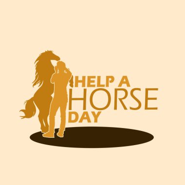 Ulusal Yardım Bir at günü afişi. Sahibi tarafından bakılan ve 26 Nisan 'da kutlamak için açık kahverengi arkaplan üzerine kalın bir metni olan bir at.