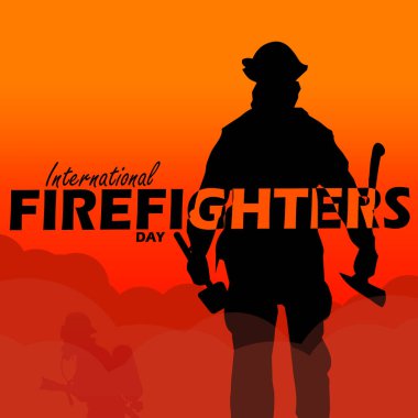 International Firefighters Day event banner. Illustration of a firefighter with bold text on orange gradient background to commemorate on May 4th clipart