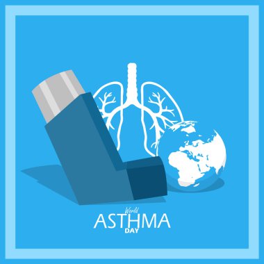 Dünya Astım Günü afişi. Mayıs 'ta anmak için açık mavi arkaplanda toprak ve akciğerlere sahip bir astım cihazı.