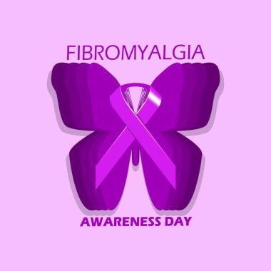 Fibromyalgia Awareness Day event banner. A purple ribbon with purple butterflies on light purple background to commemorate on May 12th clipart