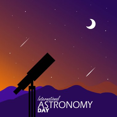 Uluslararası Astronomi Günü afişi. Tepelerde bir yıldız teleskobu Hilal bir ay gecesinde Mayıs 'ta kutlamak için
