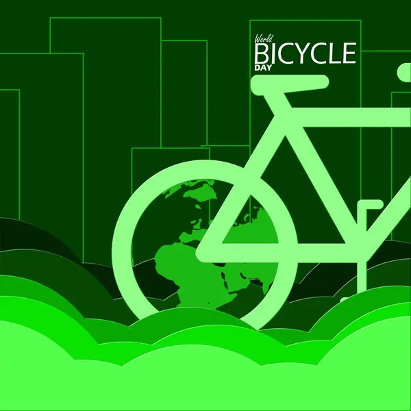 stock vector World Bicycle Day event banner. Bicycle and globe icon with illustration of grass and urban buildings on dark green background to celebrate on June 3rd