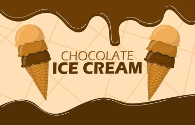 Ulusal Çikolatalı Dondurma Günü afişi. Haziran 'da kutlamak için açık kahverengi arka planda erimiş çikolata ve kalın metinli iki çikolatalı dondurma külahı.