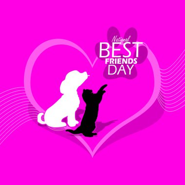 National Best Friends Day event banner. A dog who is best friends with a cat with a heart and paw on pink background to celebrate on June 8th clipart