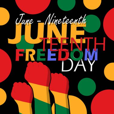 Haziran etkinlik afişi. 19 Haziran 'da kutlamak için siyah zemin üzerinde yumrukları yükseltilmiş renkli cesur metin