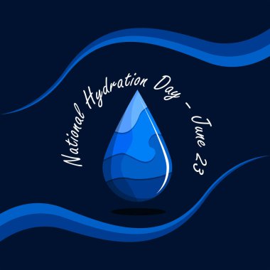 Ulusal Hidrasyon Günü afişi. 23 Haziran 'da kutlamak için koyu mavi arka planda süslü bir su damlası tasviri