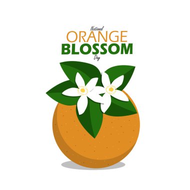 Ulusal Portakal Çiçeği Günü etkinlik afişi. 27 Haziran 'da kutlamak için beyaz arka planda güzel yaprakları ve çiçekleri olan bir portakal.