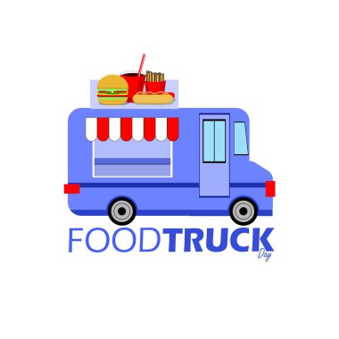 Ulusal Yemek Kamyonu Günü afişi. Haziran 'da kutlamak için beyaz arka planda fast food satan mavi bir kamyon.