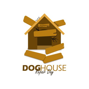 Köpek Evi Tamir Ayı etkinlik afişi. Hasarlı ve 1 Temmuz kutlamaları için beyaz arka planda tamire ihtiyacı olan bir köpek kulübesi.