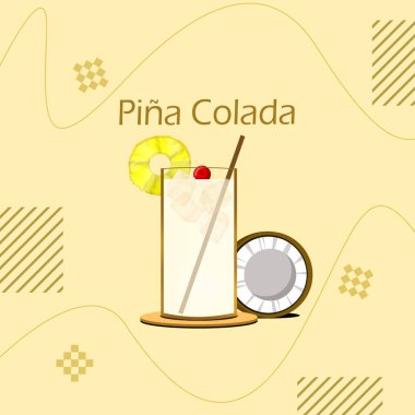 Ulusal Pina Colada Günü afişi. 10 Temmuz kutlamaları için üzerinde vişne, ananas dilimi ve parlak sarı arka planda hindistan cevizi olan bir bardak taze içecek.