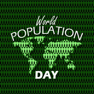 Dünya Nüfus Günü etkinlik afişi. 11 Temmuz 'da kutlamak için tüm haritayı koyu yeşil arka planda dolduran insan simgelerinin yer aldığı dünya haritası