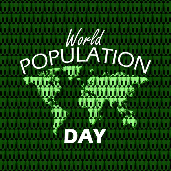 stock vector World Population Day event banner. World map with illustrations of people icons that fill the entire map on dark green background to celebrate on July 11th