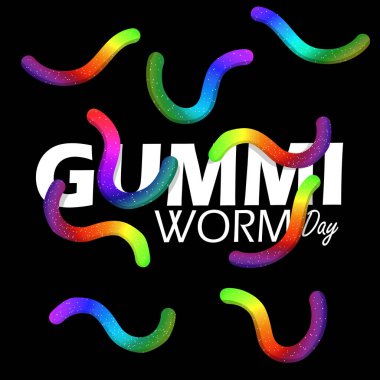 Ulusal Jelibon Solucan Günü şeker bayrağı. 15 Temmuz 'da kutlamak için siyah arka planda cesur metinleri olan solucan şeklinde renkli jöle şekerler.