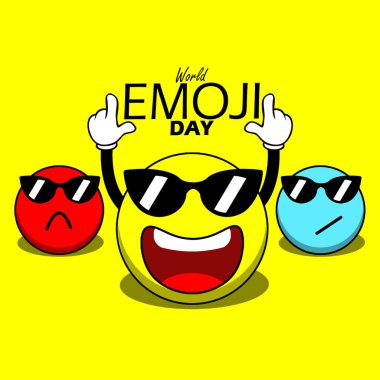Dünya Emoji Günü afişi. 17 Temmuz 'da kutlamak için sarı arka planda heyecanlı, sinirli ve soğukkanlı olan Emoji' ye işaret edin.