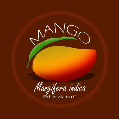Mango Günü meyve pankartı. Mango, 22 Temmuz 'da kutlamak için koyu kahverengi bir arkaplanda Mangifera Indica adlı bir daire çerçevesine sahip.