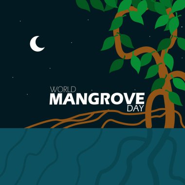 Dünya Mangrove Günü doğa afişi. 26 Temmuz 'da kutlamak için gece vakti mangrov ağaçlarının resmi