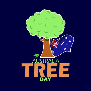 Ulusal Ağaç Bayramı doğa afişi. Avustralya bayrağı dalgalanan gölgeli bir ağacın resmi. Koyu mavi arka planda 28 Temmuz 'da Avustralya' da kutlanıyor.