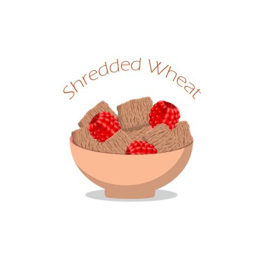 Öğütülmüş Buğday Günü yemek afişi. 31 Temmuz 'da kutlamak için beyaz zemin üzerinde izole edilmiş ahududu ile öğütülmüş buğday kasesi