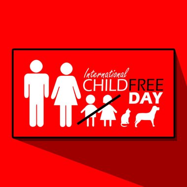 Uluslararası Çocuksuz Günü afişi. Çocuk ikonlu kadın ve erkek ikonlarının resmi 1 Ağustos 'ta anmak için kedi ve köpek simgeleriyle kırmızı arka planda evcil hayvan olarak çizilmiş.