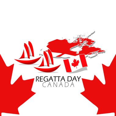 Yarış Günü spor afişi. Kanada 'da Ağustos ayında kutlamak için haritalı gemilerin ve beyaz arka planda Kanada bayrağının resmi