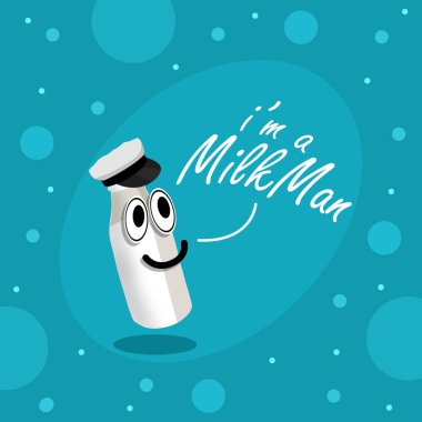 Sütçü Günü etkinliği pankartı. 12 Ağustos 'ta kutlamak için açık mavi arka planda kaligrafik metin ile sütçü şapkası takan gülen bir şişe.