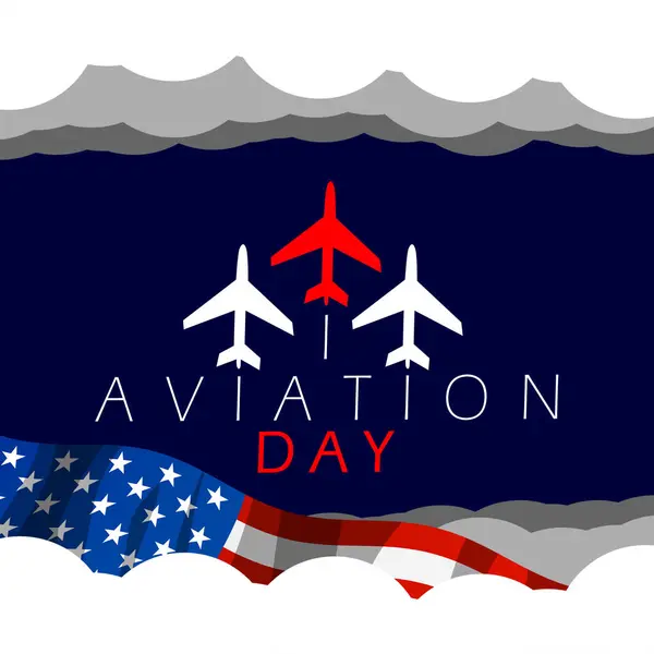 stock vector National Aviation Day event banner. Three airplane icons with bold text and an American flag above the clouds on a dark blue background to celebrate on August 19