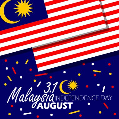 Malezya Bağımsızlık Günü bayrağı. 31 Ağustos 'ta kutlamak için koyu mavi arkaplan üzerinde yazı ve numara bulunan Malezya bayrağı