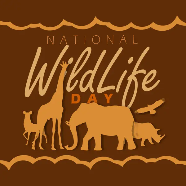 stock vector National Wildlife Day event animal banner. A text with icons of giraffe, elephant, rhino, eagle and deer on brown background to celebrate on September 4th