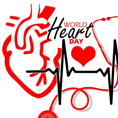 Dünya Kalp Günü afişi. 29 Eylül 'de kutlamak için beyaz arka planda kalp atışı, kalp atışı ve steteskop tasviri