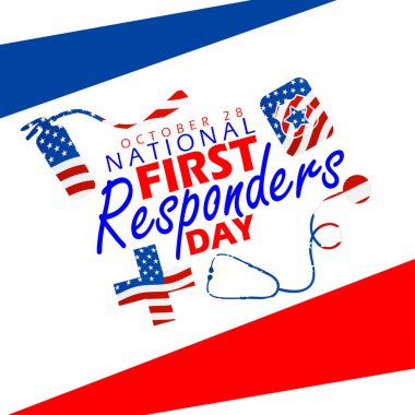 National First Responders Day memorial on October 28th. Extinguisher, police wallet, stethoscope and health symbol depicting the American flag on white background. clipart