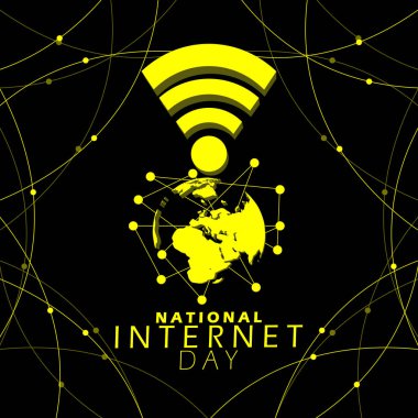 Ulusal İnternet Günü 29 Ekim 'de kutlanıyor. Siyah arkaplan üzerinde ağ olan sinyal ve dünya simgesi.