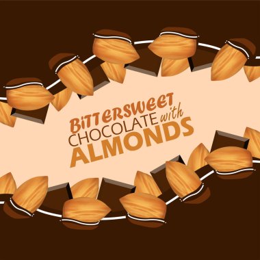 7 Kasım 'da kutlamak için Ulusal Acı Tatlı Bademli Çikolata Günü. Çikolata ve krema arkaplanda badem olan çikolata sıvısı. Gıda etkinliği afişi.