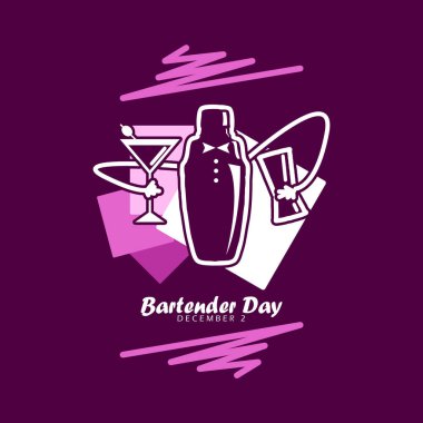 Ulusal Barmen Günü 2 Aralık 'ta kutlanacak. Kravatlı bir kokteyl karıştırıcısı koyu mor arka planda bir jigger ve bir kokteyl içeceği tutar..
