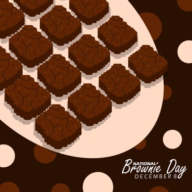 Ulusal Brownie Günü 8 Aralık 'ta kutlanacak. Koyu kahverengi arka planda düzgün düzenlenmiş çikolatalı browniler. Gıda etkinliği afişi.