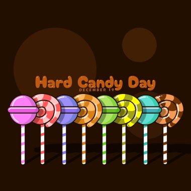 Ulusal Şeker Günü 19 Aralık 'ta kutlanacak. Lolipopun çeşitli renkleri ve koyu kahverengi arka planda yuvarlak şeker çubukları. Gıda etkinliği afişi.